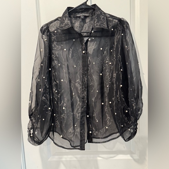 Boston Proper Black Sheer Blouse with Pearl Accents - Picture 1 of 8